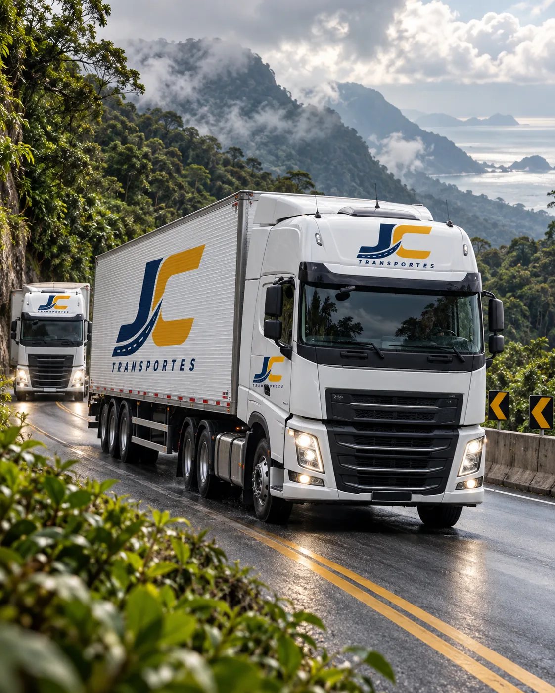 Comboio da JC Transportes em rodovia de serra brasileira