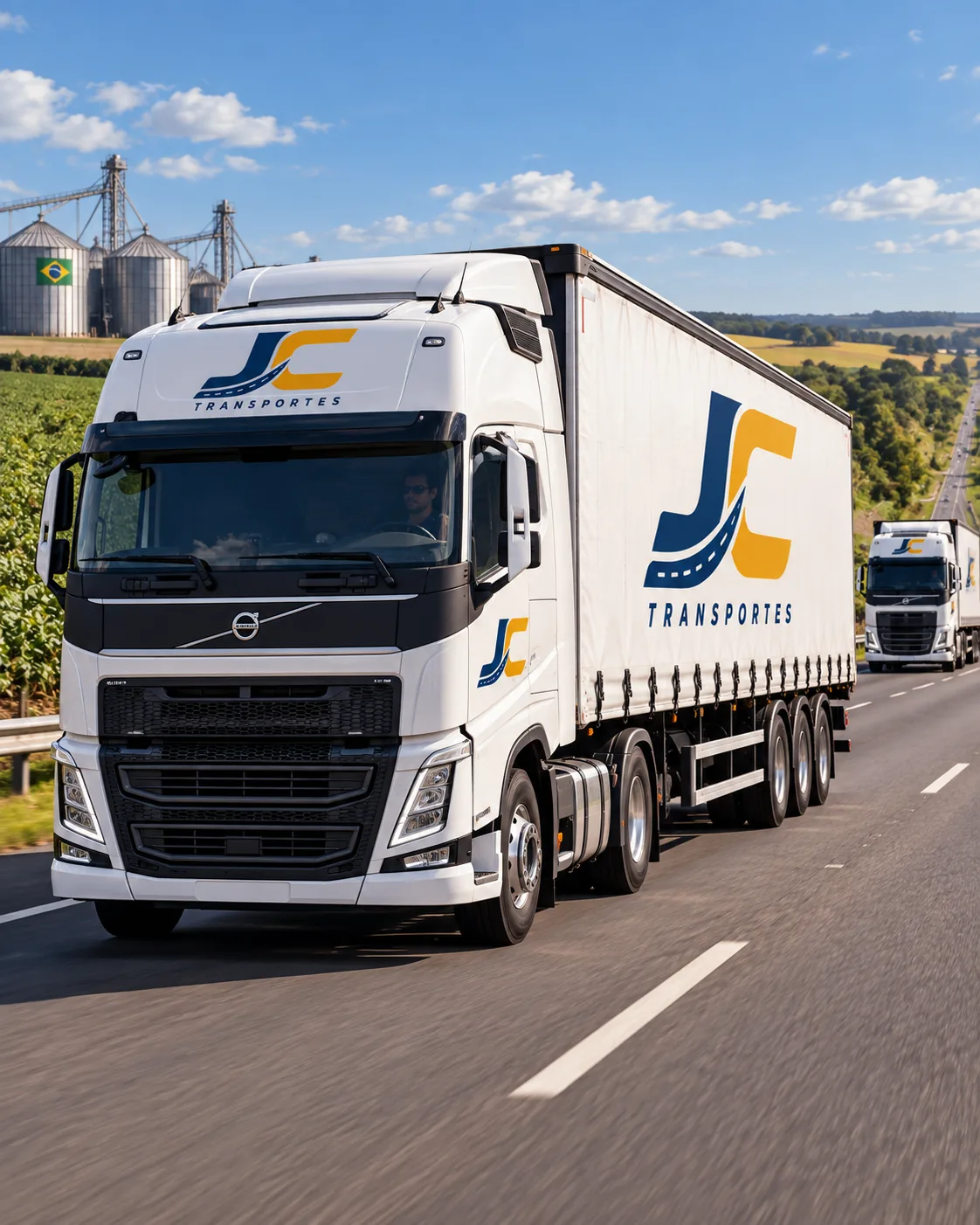 Carreta da frota própria da JC Transportes em rodovia brasileira