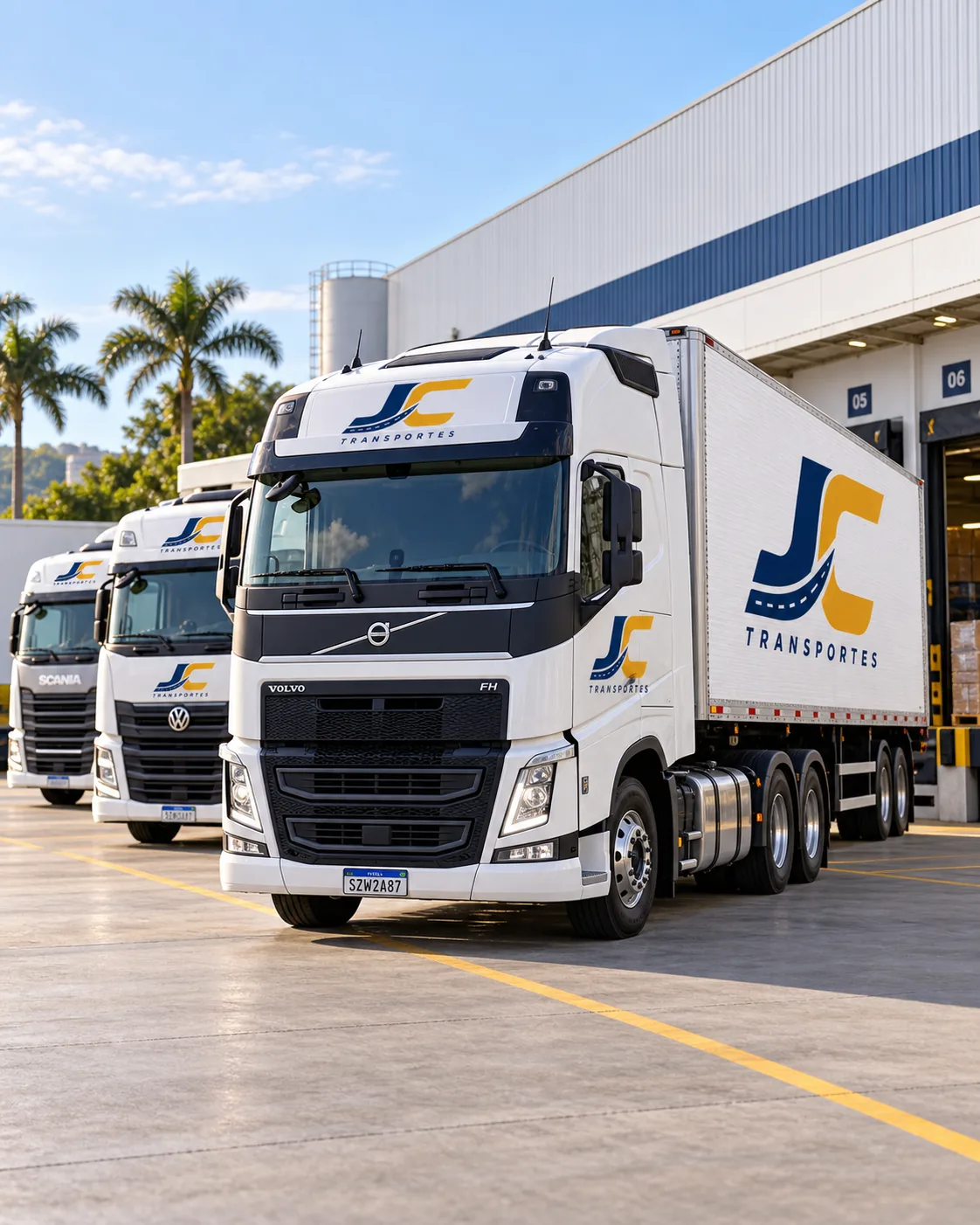 Frota da JC Transportes alinhada no pátio de carregamento