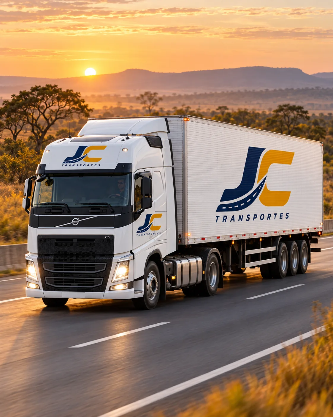 Carreta da JC Transportes em rodovia brasileira ao amanhecer