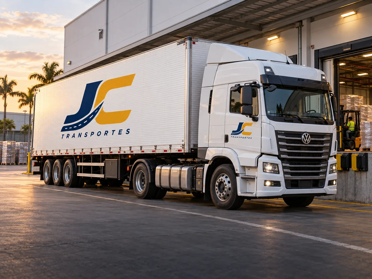 Caminhão da JC Transportes em doca de armazenagem