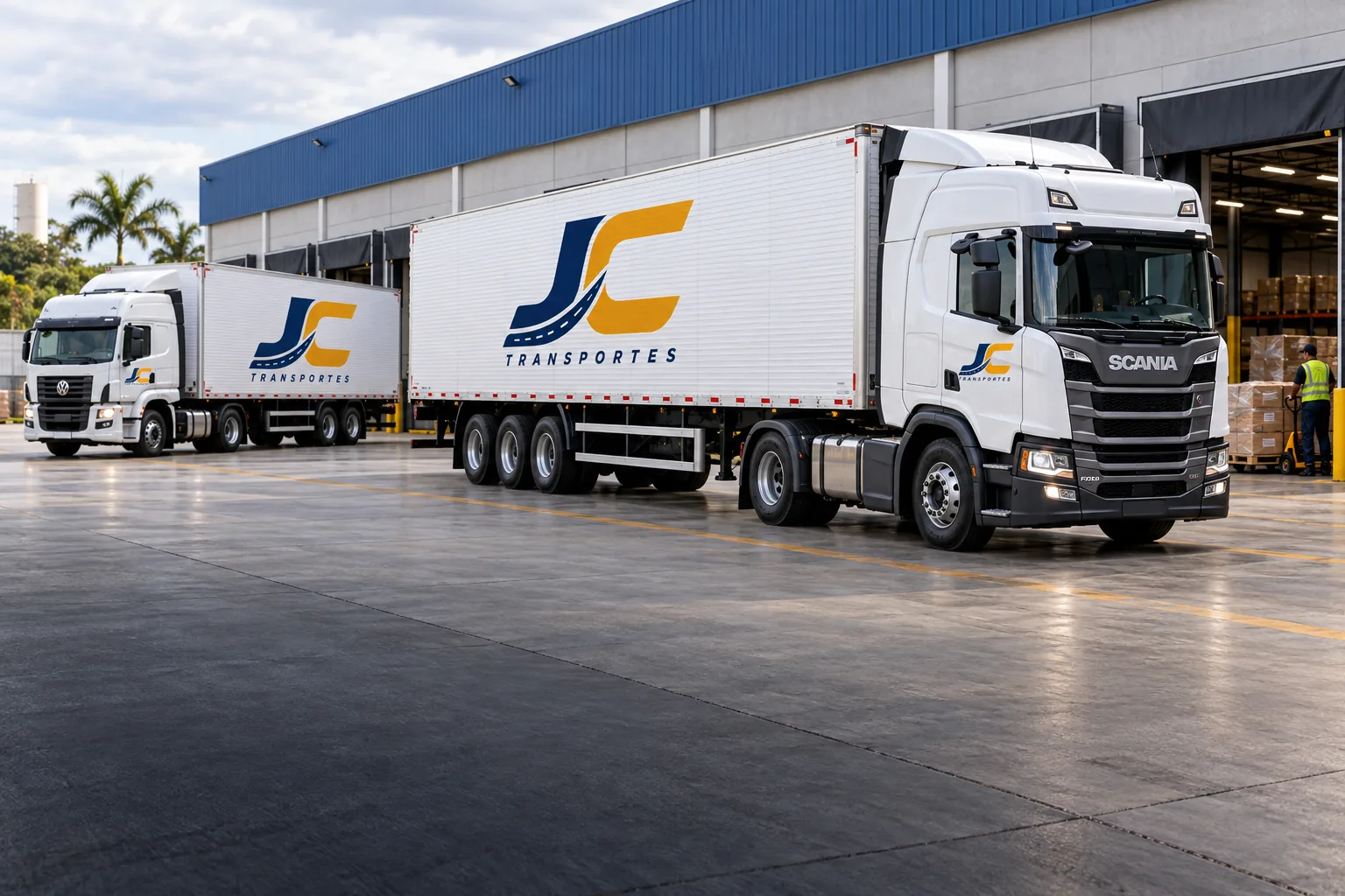Caminhões da JC Transportes em centro de distribuição brasileiro